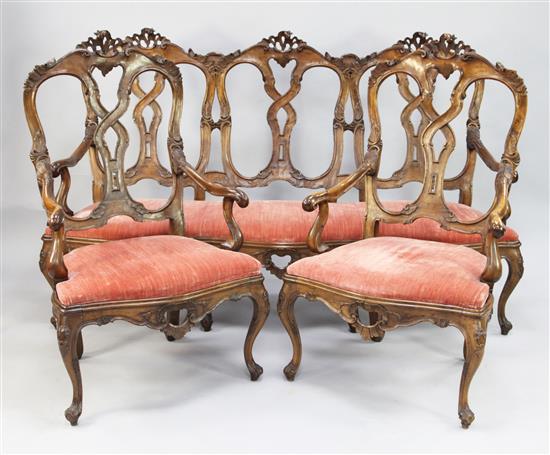 An 18th century style Venetian five piece walnut salon suite,